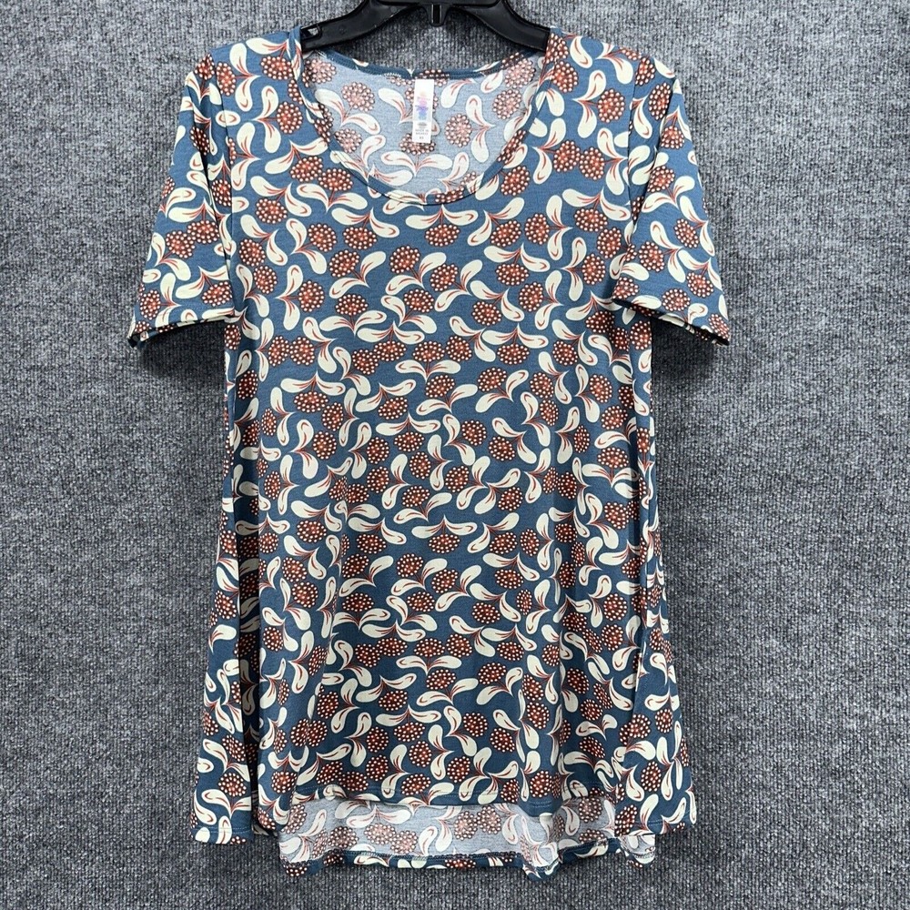 Lularoe Women's Perfect Tee Size XS Tunic Top Blue Floral High Low Short Sleeve